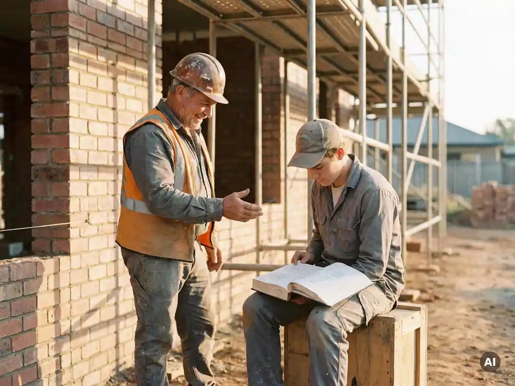 Bouwplaatsvoorman in helm begeleidt jonge leerling met technische handleiding naast halfgebouwde bakstenen muur met steigers.