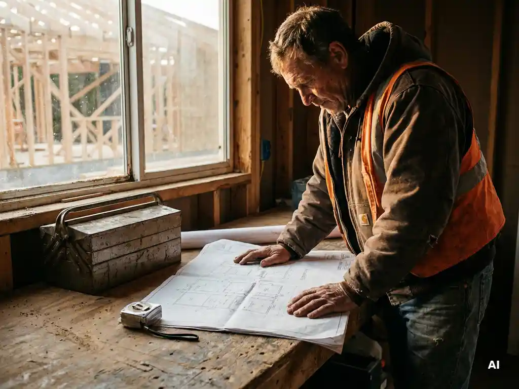 Bouwvakker bestudeert technische bouwtekening op verouderde werkbank, met gereedschapskist en meetlint, in warm ochtendlicht.