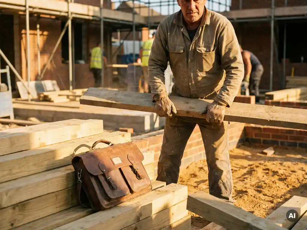 Bouwvakker houdt houten plank vast op actieve bouwplaats, met een versleten leren schooltas tegen vers timmerhout in warm middaglicht.