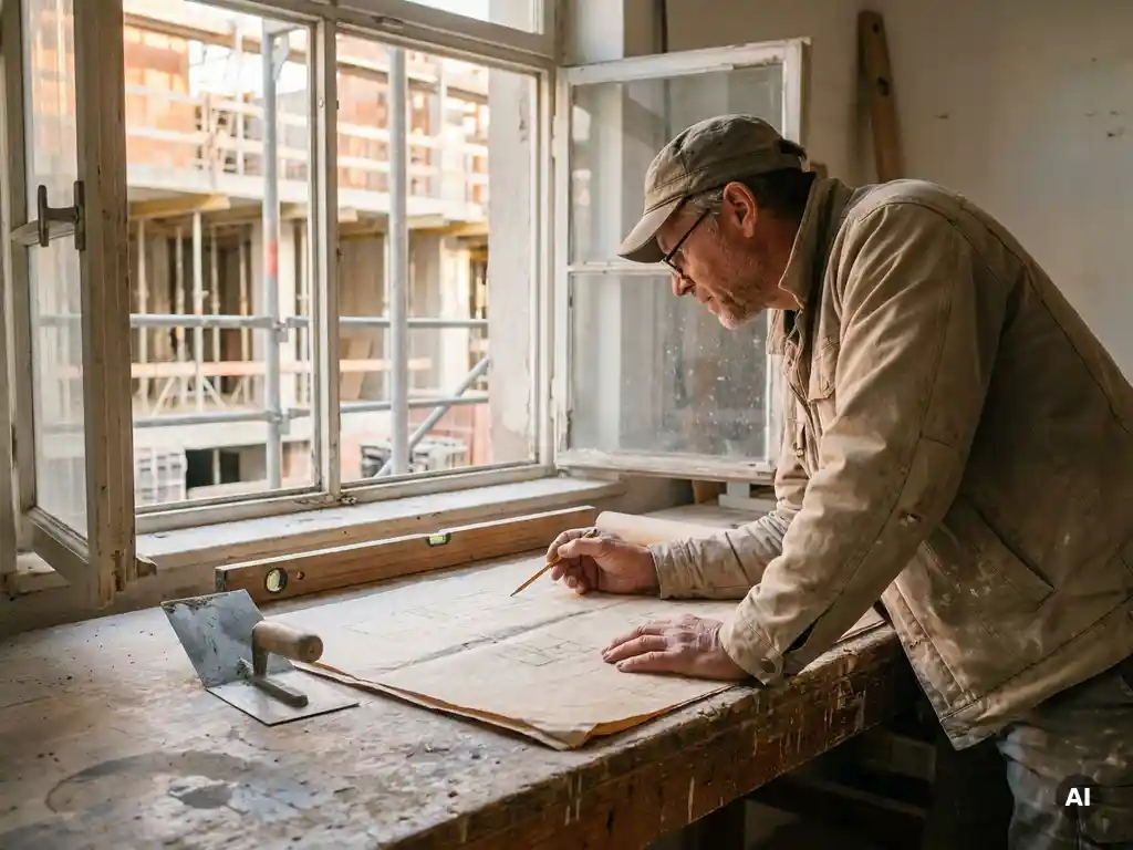 Metselaar bestudeert bouwplattegrond op houten werkbank met truweel en waterpas, gouden ochtendlicht, bouwplaats op achtergrond.