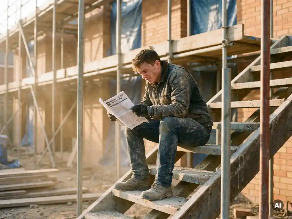 Jonge bouwvakker op steiger die cursusbrochure bestudeert, omgeven door steigers en ruw metselwerk in gouden ochtendlicht.