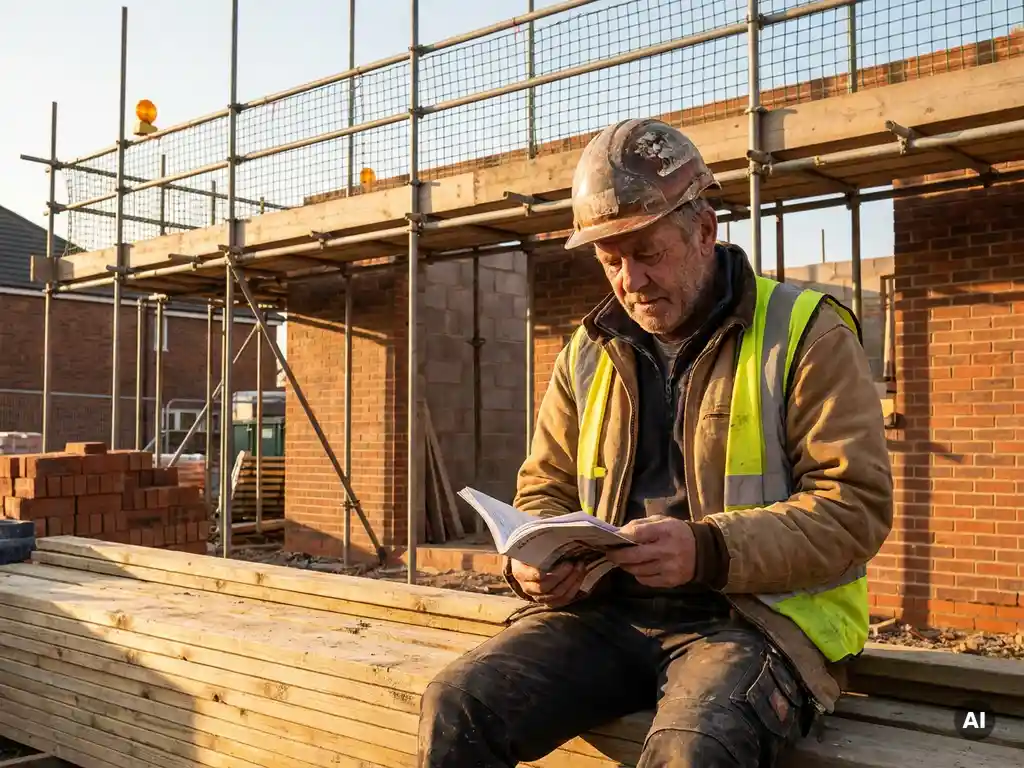 Bouwvakker met helm bestudeert trainingsboekje op actieve bouwplaats met steigers en halfvoltooid metselwerk op de achtergrond.