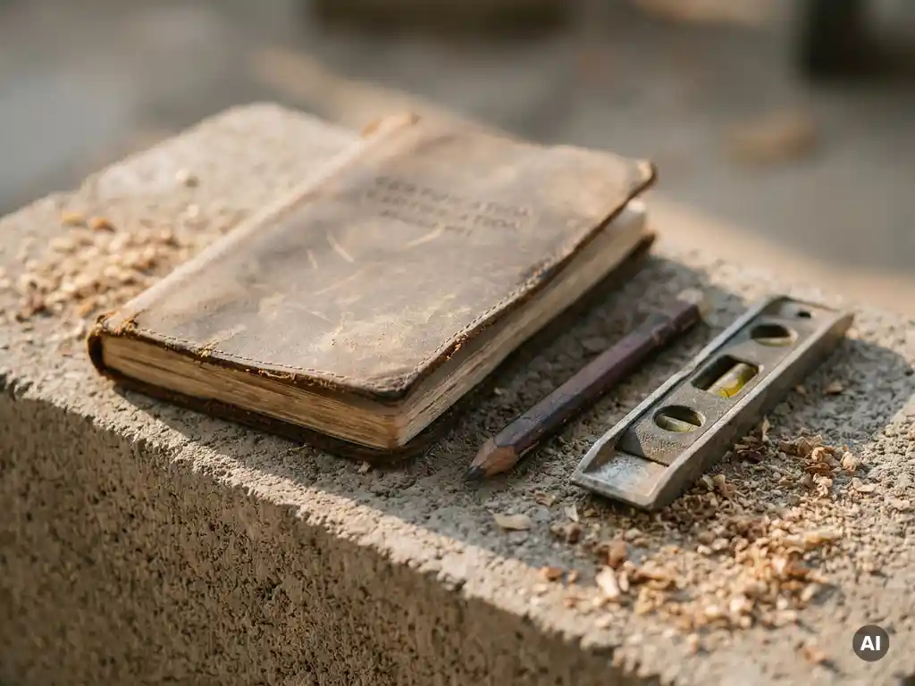 Versleten leren certificaatboekje op beton naast een timmermanspotlood en stalen waterpas, met zaagsel eromheen.