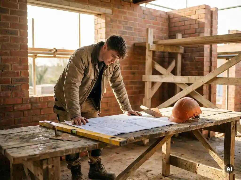 Jonge bouwvakker-leerling bestudeert technische bouwtekening op houten werkbank met waterpas, truweel en veiligheidshelm in onafgewerkt bakstenen gebouw.
