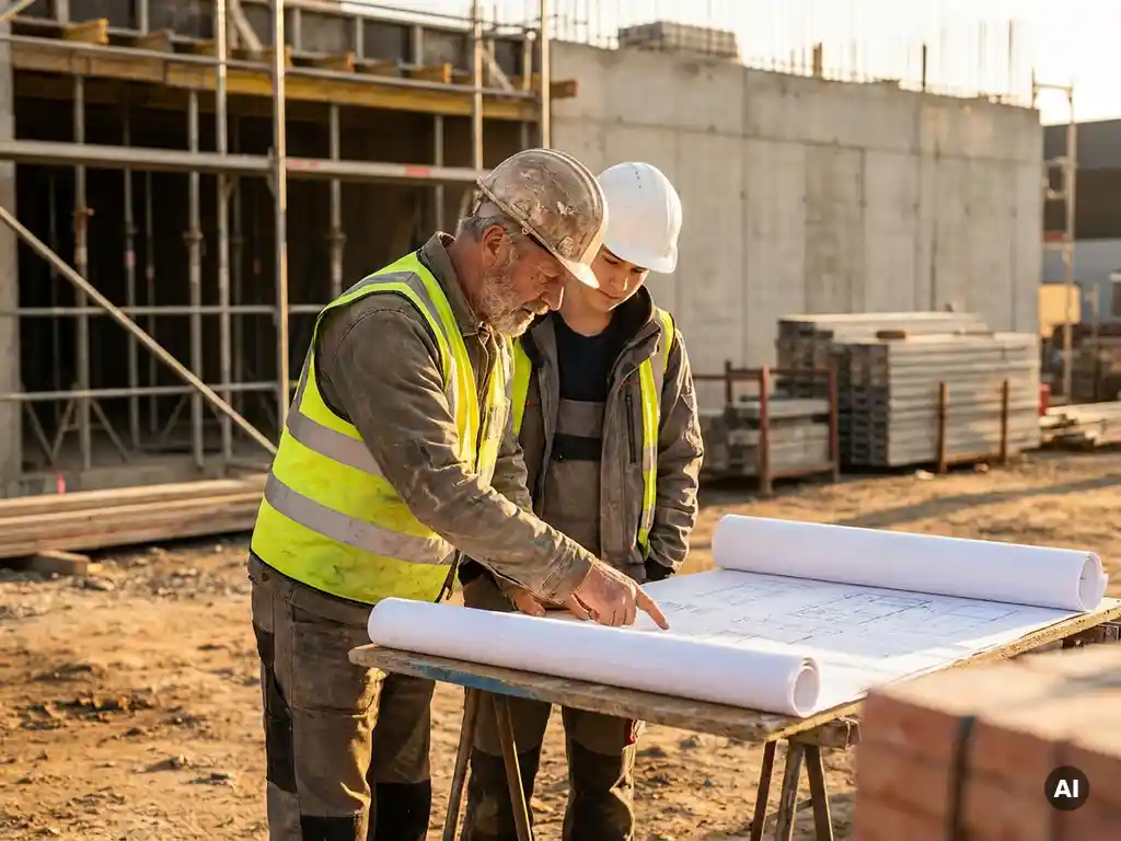 Ervaren vakman en jonge leerling bestuderen samen bouwtekeningen op actieve bouwplaats met steigers en betonnen muren op de achtergrond.
