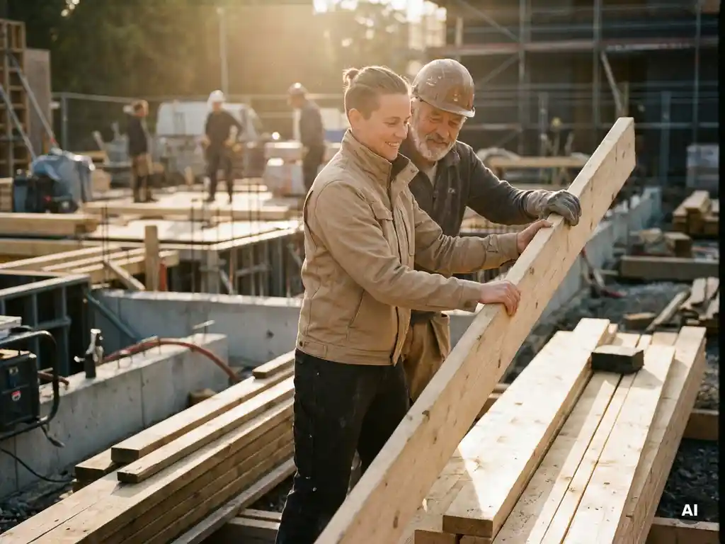 Carrièrewisselaar leert timmeren onder begeleiding van ervaren bouwvakker, gouden uurtje licht op ruw hout en beton.