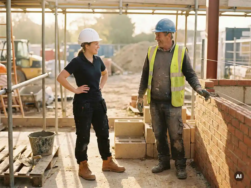 Carrièreswitch naar de bouw: nieuwkomer met schone laarzen en helm wordt verwelkomd door ervaren bouwvakker bij onafgewerkte bakstenen muur.