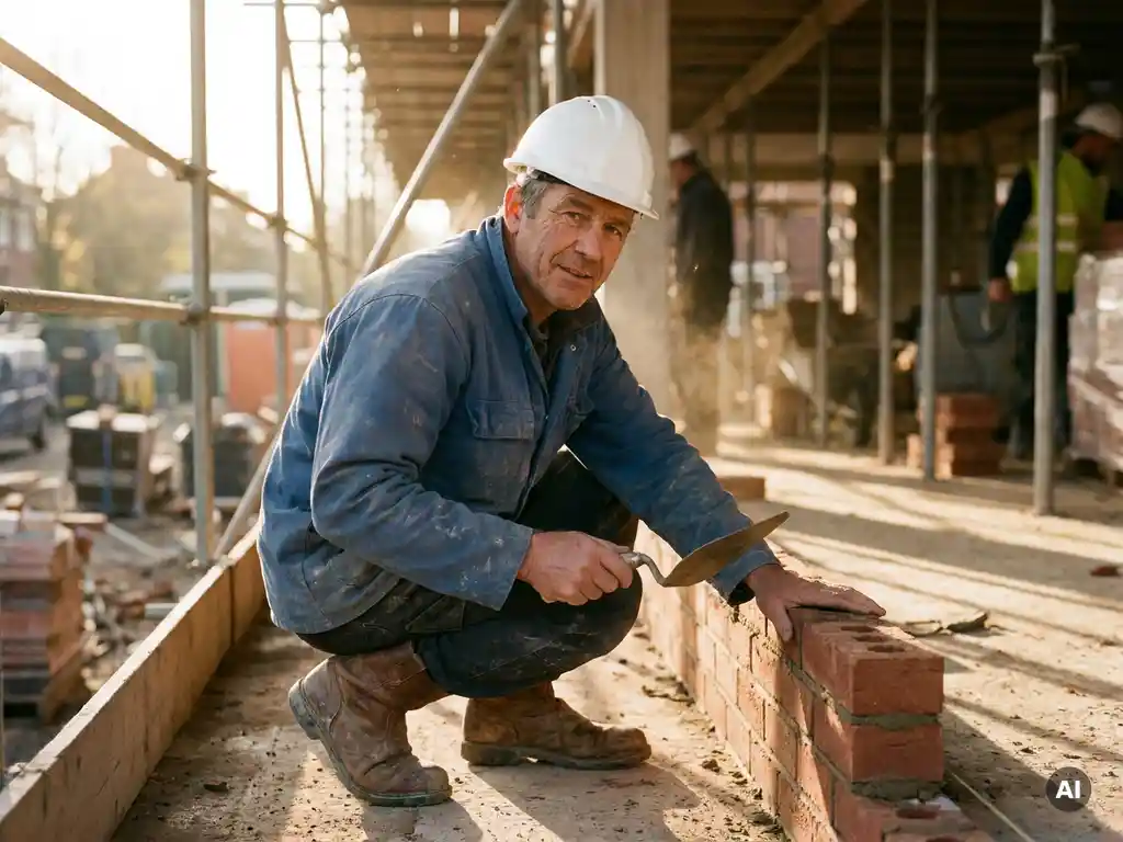 Metselaar in werkschoenen en helm naast vers gemetselde bakstenen, troffel in hand, in warm middaglicht op bouwplaats.