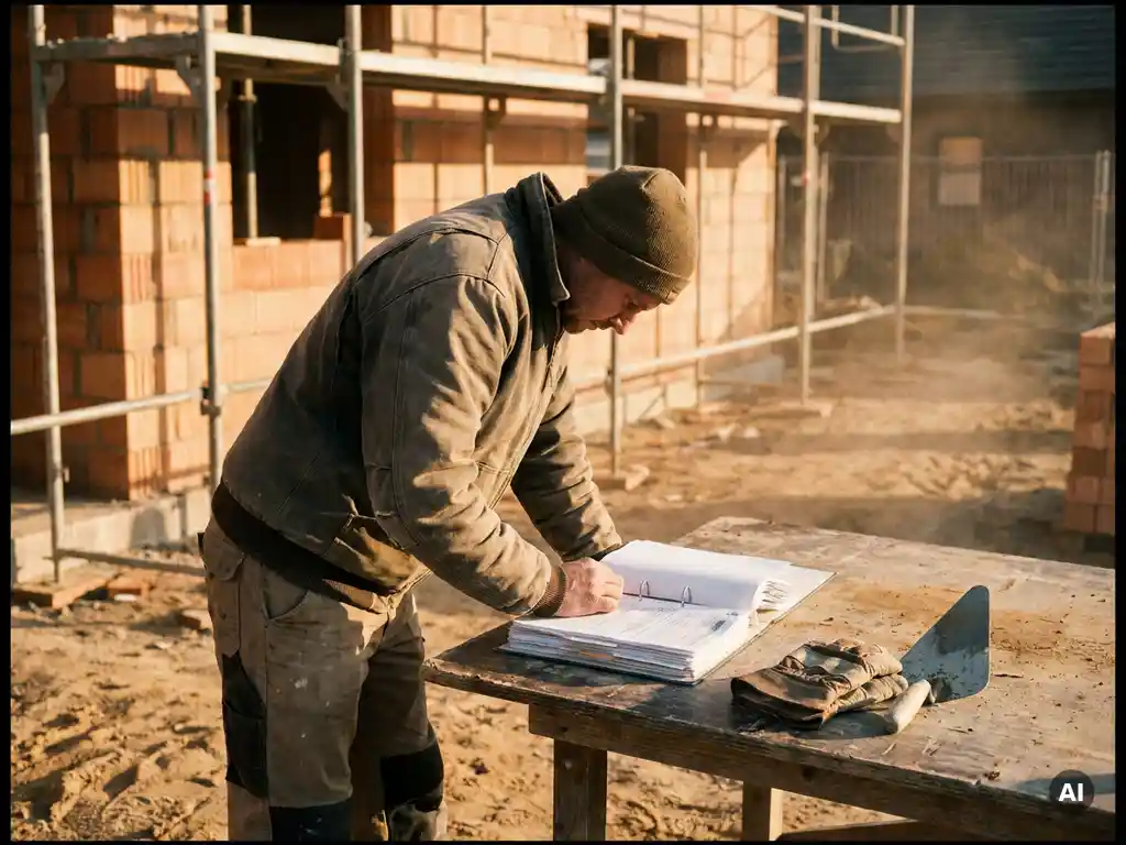 Vakman in werkkleding bestudeert cursusmap aan bouwplaats, bakstenen muur op achtergrond, leren handschoenen en truweel op tafel.