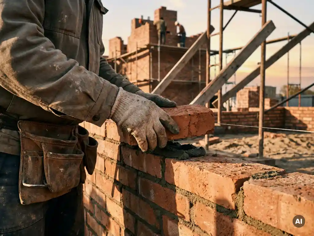 Verweerde handen van een metselaar die verse bakstenen legt op een bouwplaats, met steigers en een halfgebouwde muur op de achtergrond.