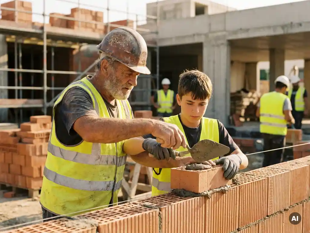 Ervaren bouwvakker in helm begeleidt leerling bij metselwerk op bouwplaats, met verse mortel op de truweel en steigers op achtergrond.