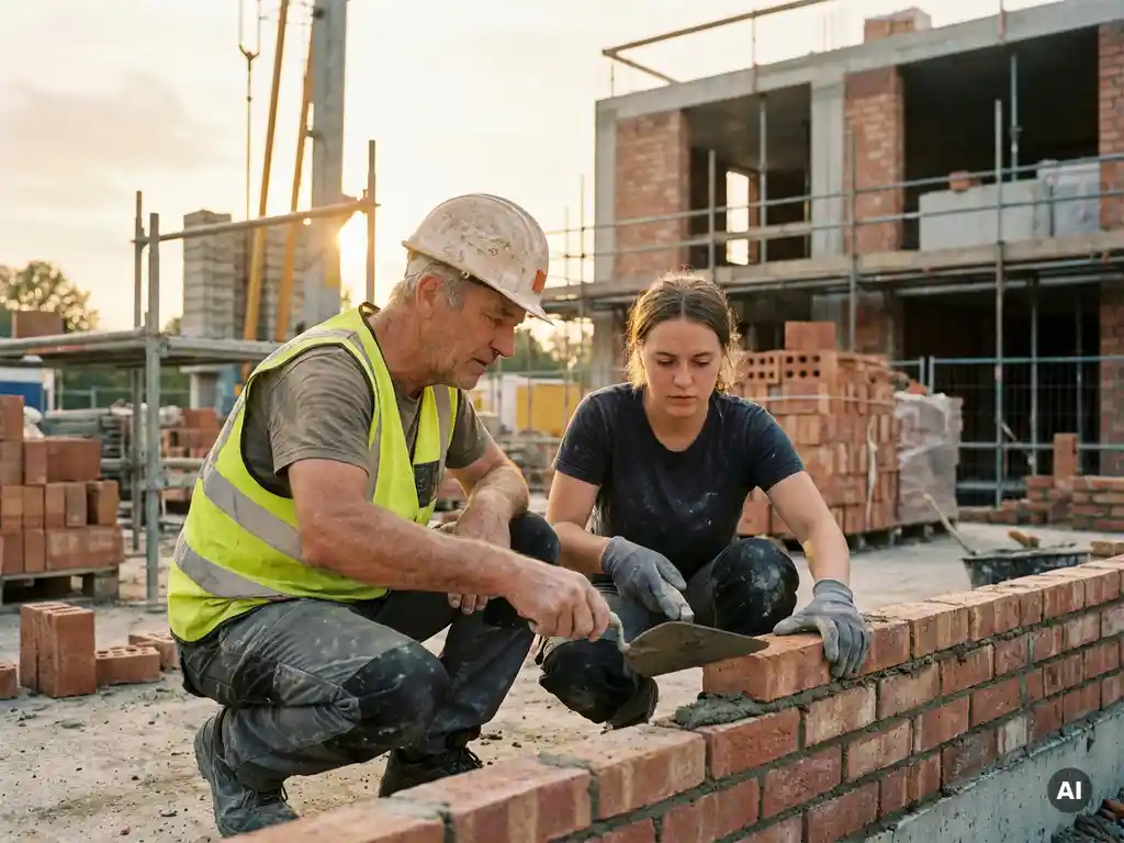 Ervaren bouwtrainer begeleidt jonge leerling bij het metselen op een actieve bouwplaats, beiden bestuderen de voeg nauwkeurig.