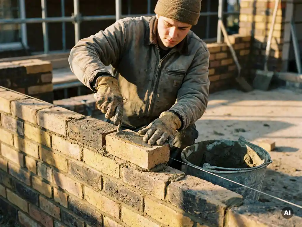 Jonge vakman in werkhandschoenen legt nauwkeurig metselwerk op bouwplaats, troffel in hand, warme middagzon op terracotta stenen.