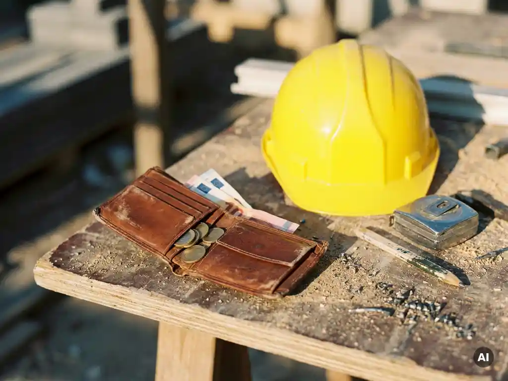 Opengevouwen leren portemonnee met euromunten en bankbiljetten naast gele bouwhelm en rolmaat op stoffige werkbank.