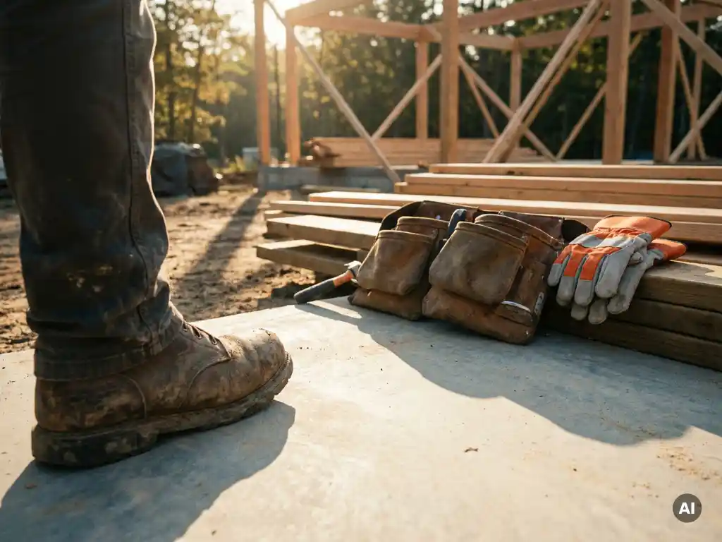 Versleten werklaars op betonnen bouwplaats bij zonsopgang, met lederen gereedschapsriem en bouwhandschoenen, houten skeletbouw op achtergrond.